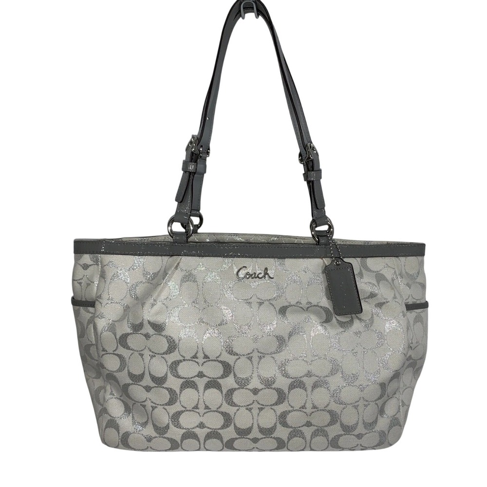 Coach‎ Signature Lurex Tote Bag Silver White Metallic Logo F17724 Womens